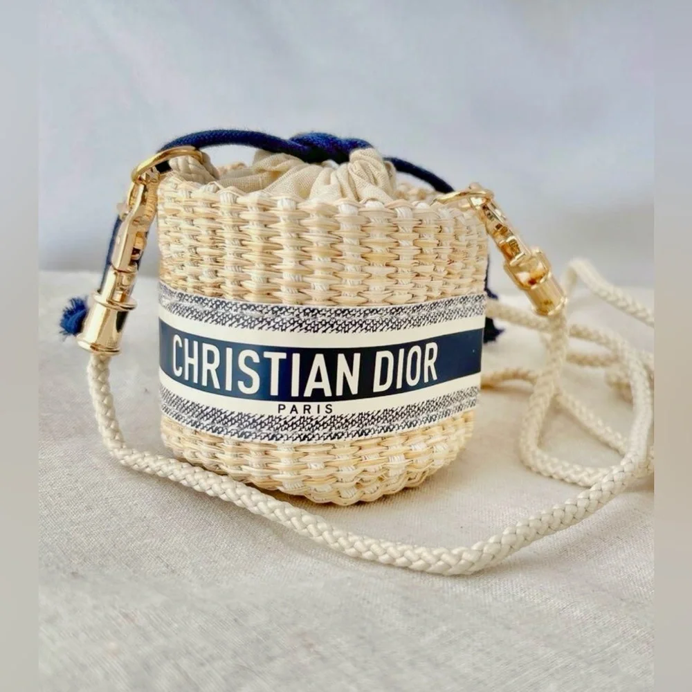 Dior Straw Drawstring Mini Pouch or Mini Bucket Bag in Cream and Blue NWB GWP - Picture 10 of 13